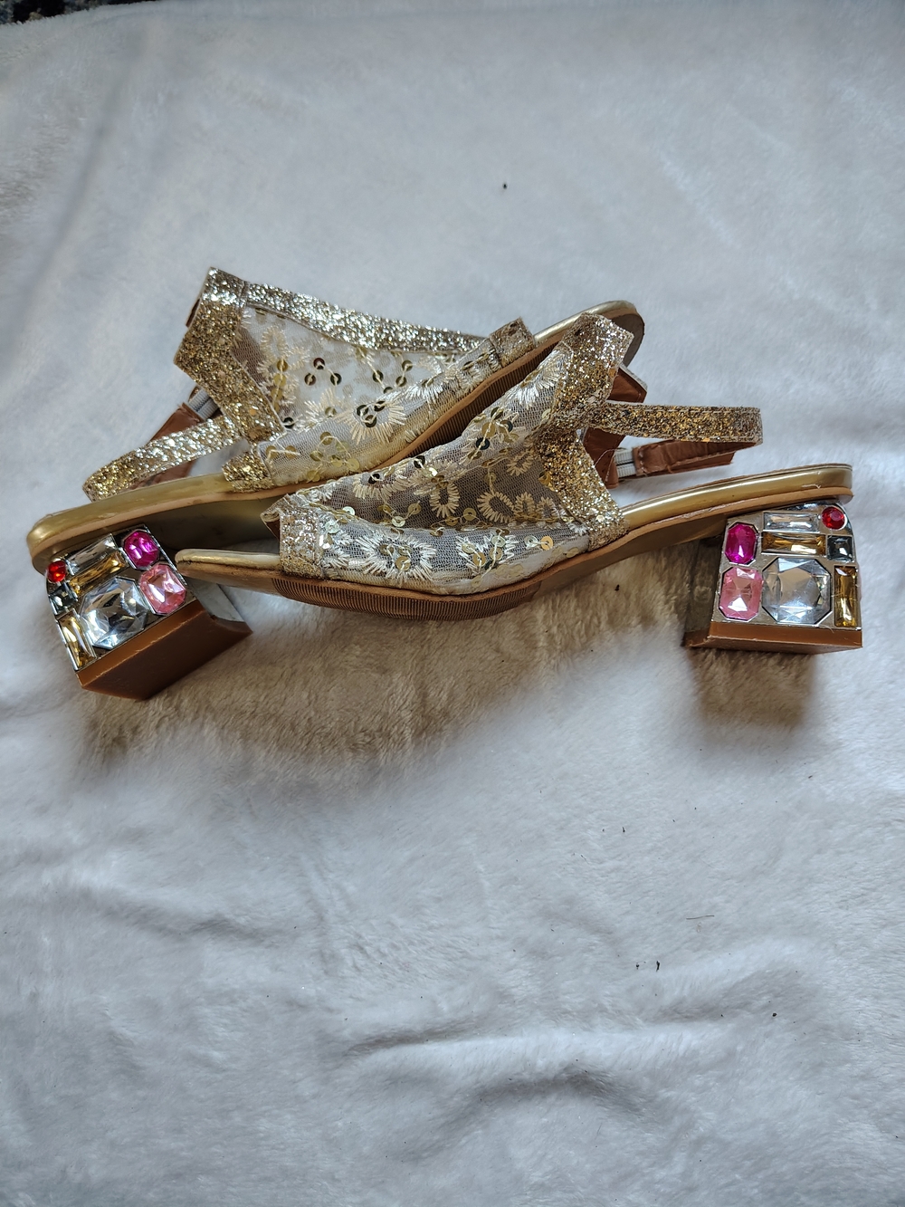 Gold Embroidered Slingback Heels with Jewel Block Heel Sz. 8
